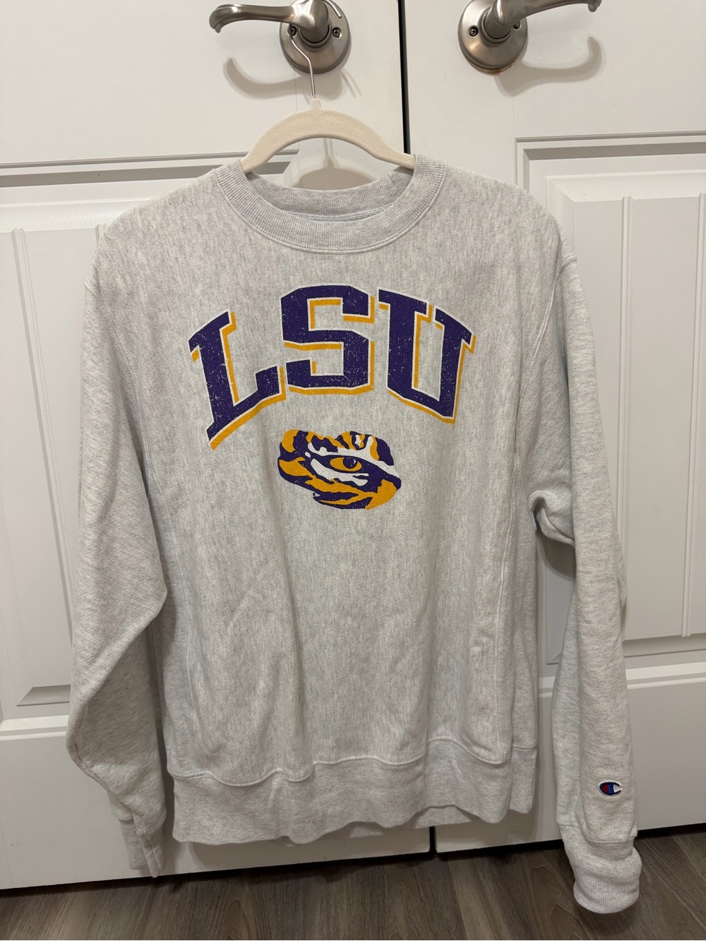 Champion LSU Pullover Crewneck Sweatshirt in Gray with Purple & Gold Logo